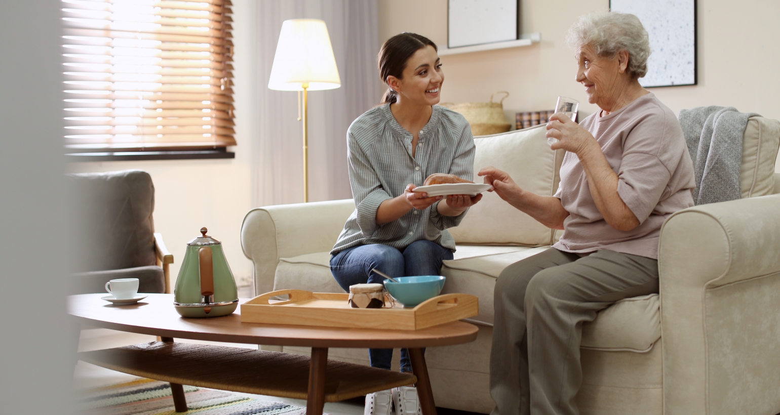 Young woman serving dinner for elderly woman in living room