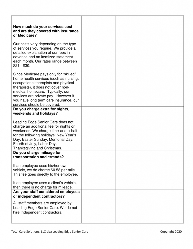 Home Care Questionnaire - Leading Edge Senior Care